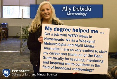 Alumnus Ally Debicki explains how her Penn State Meteorology degree helped her land a job at WENY News in Horseheads, NY after graduation.